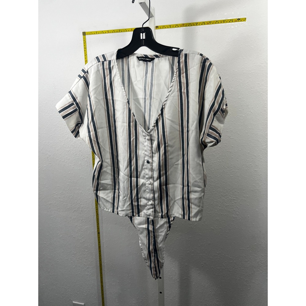 Style Envy Womens Striped Button Up Tie Front Short Sleeve Blouse Navy White Tan